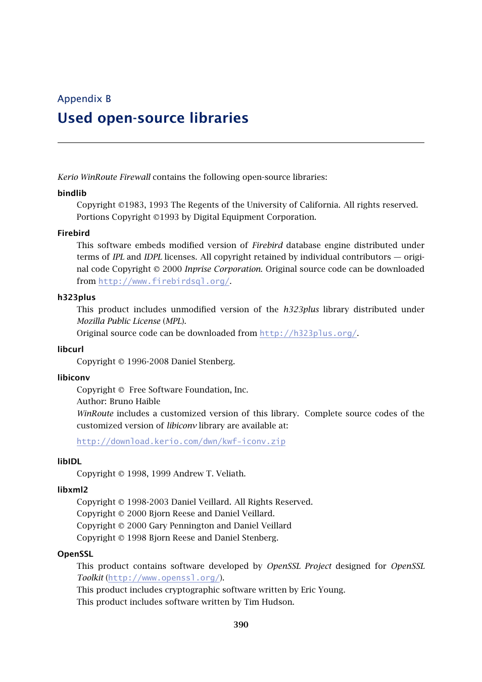 Used open-source libraries, Appendix b | Kerio Tech Firewall6 User Manual | Page 390 / 404