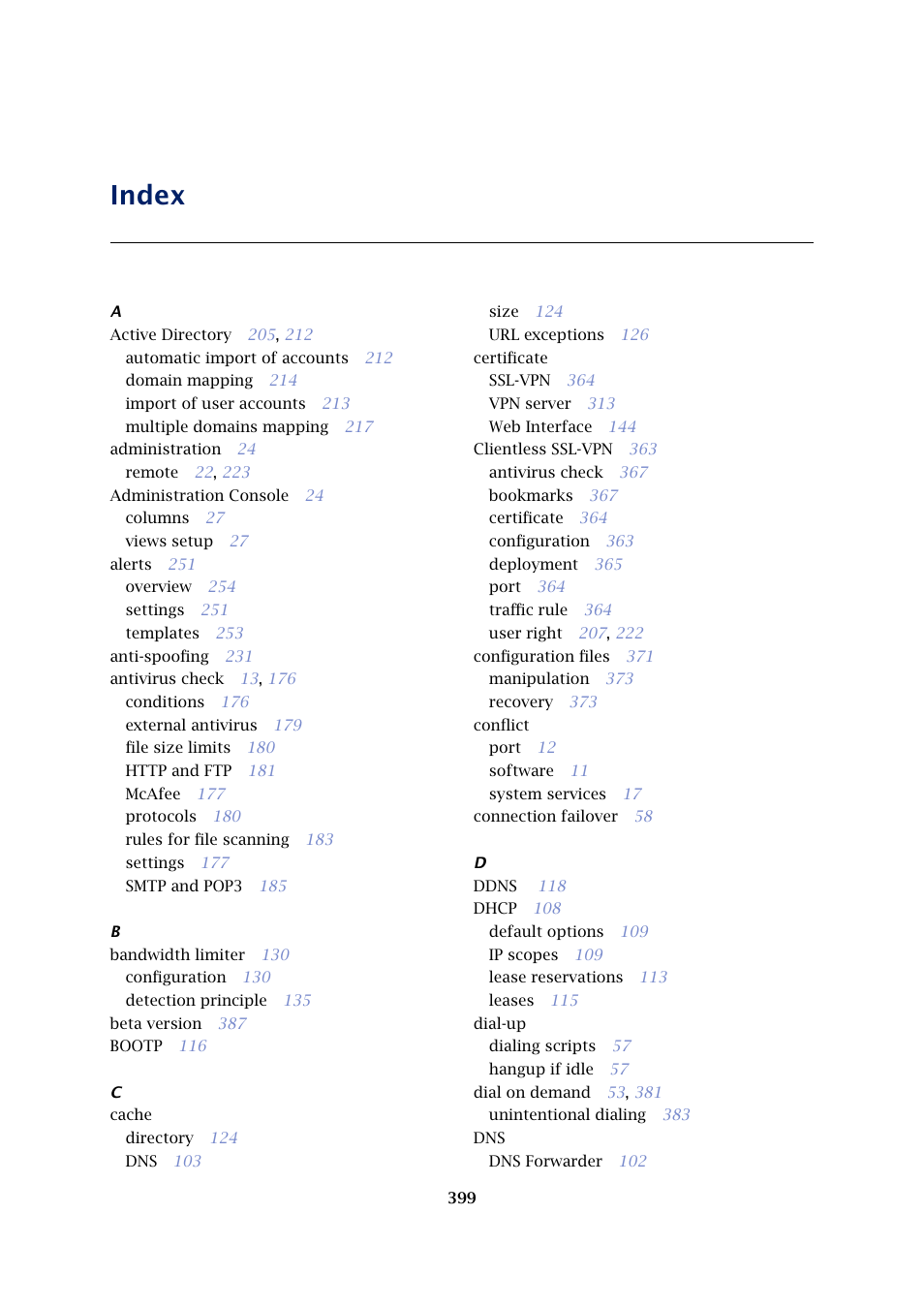 Index | Kerio Tech Firewall6 User Manual | Page 399 / 404