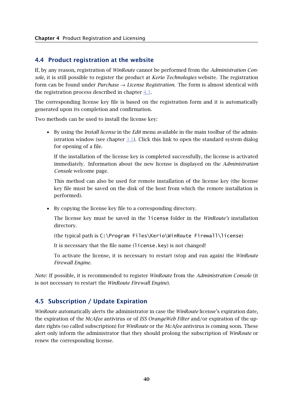 Product registration at the website, Subscription / update expiration, 4 product registration at the website | 5 subscription / update expiration | Kerio Tech Firewall6 User Manual | Page 40 / 404