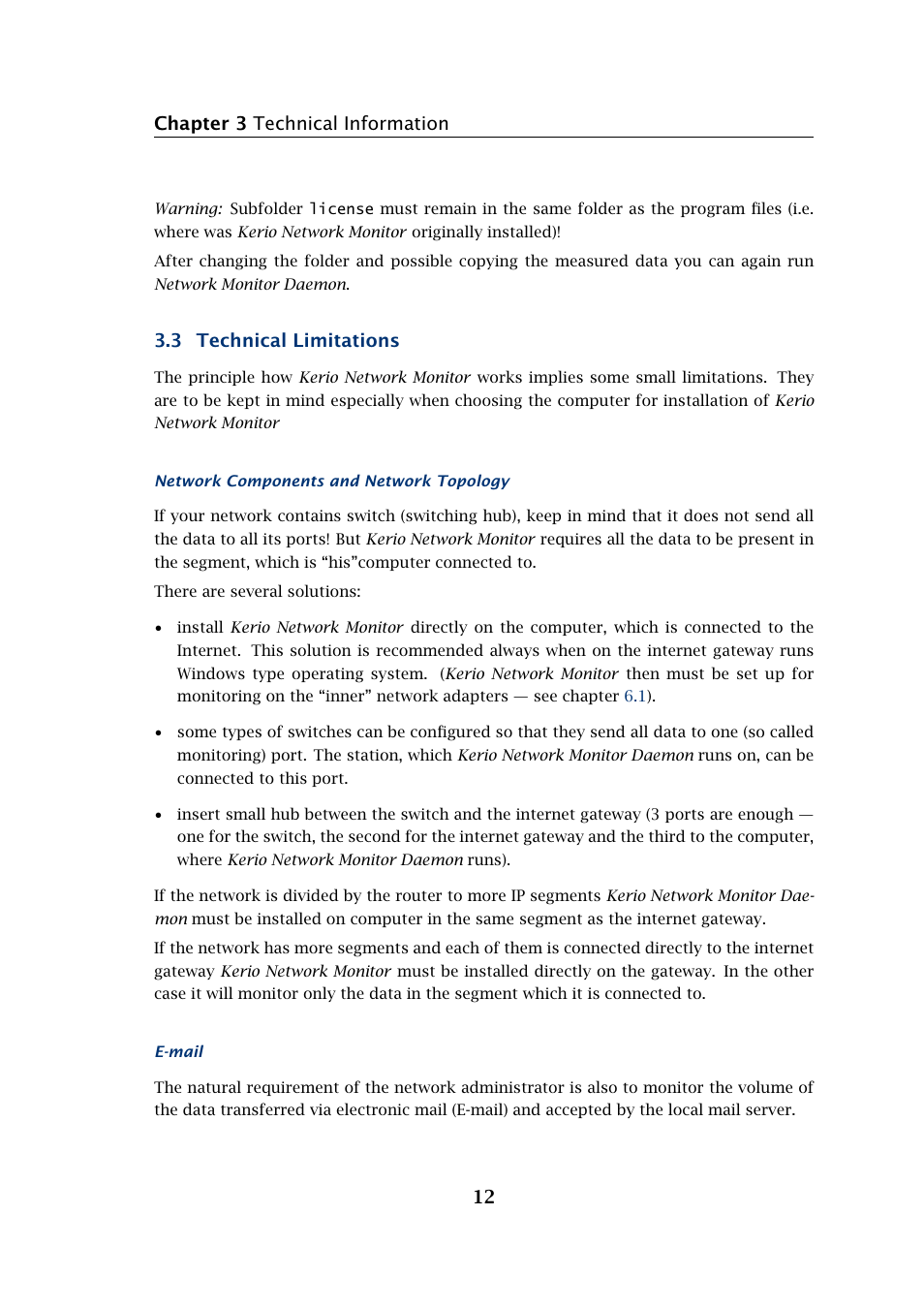 Chapter 3 technical information 12, 3 technical limitations | Kerio Tech Network Monitor User Manual | Page 12 / 70
