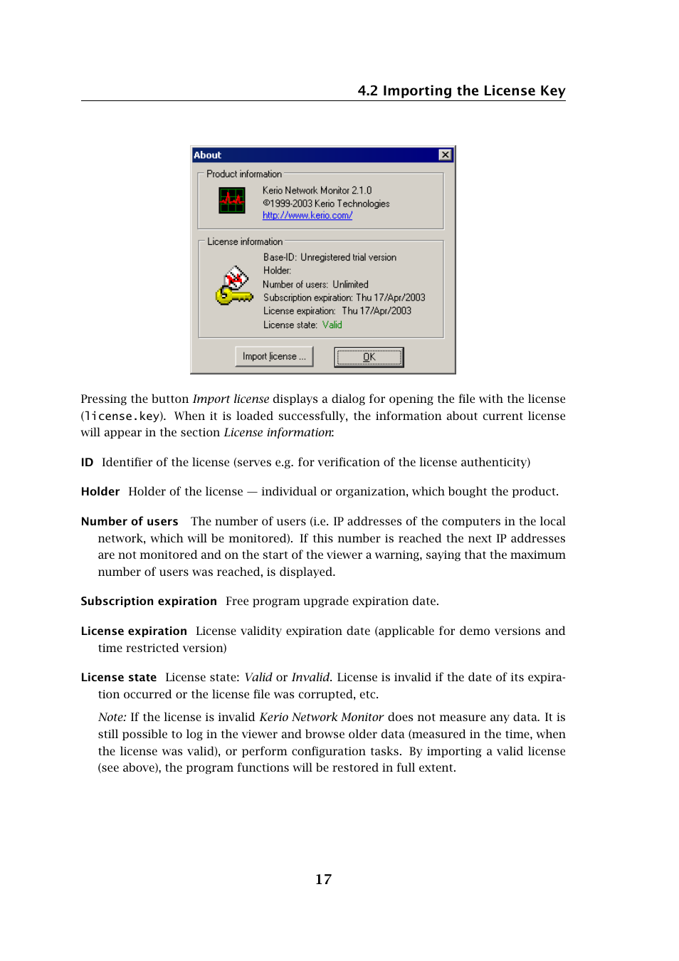 2 importing the license key 17 | Kerio Tech Network Monitor User Manual | Page 17 / 70