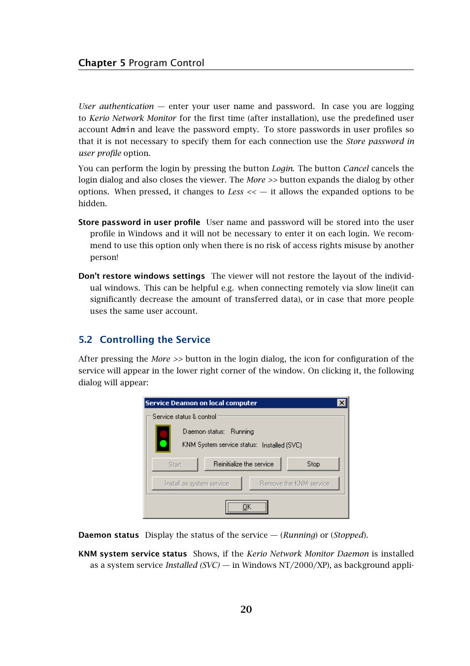 Chapter 5 program control 20, 2 controlling the service | Kerio Tech Network Monitor User Manual | Page 20 / 70
