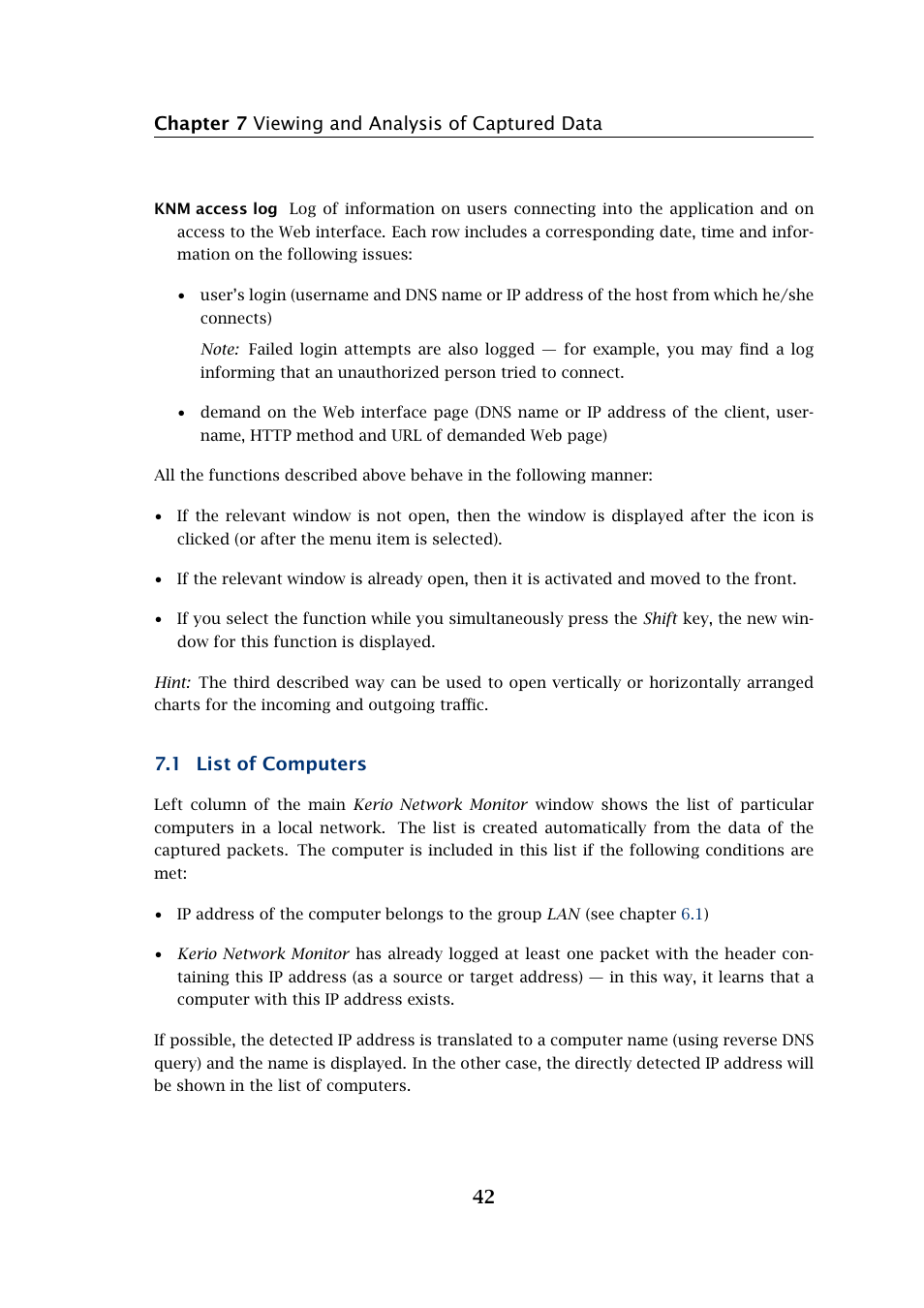 Chapter 7 viewing and analysis of captured data 42, 1 list of computers | Kerio Tech Network Monitor User Manual | Page 42 / 70