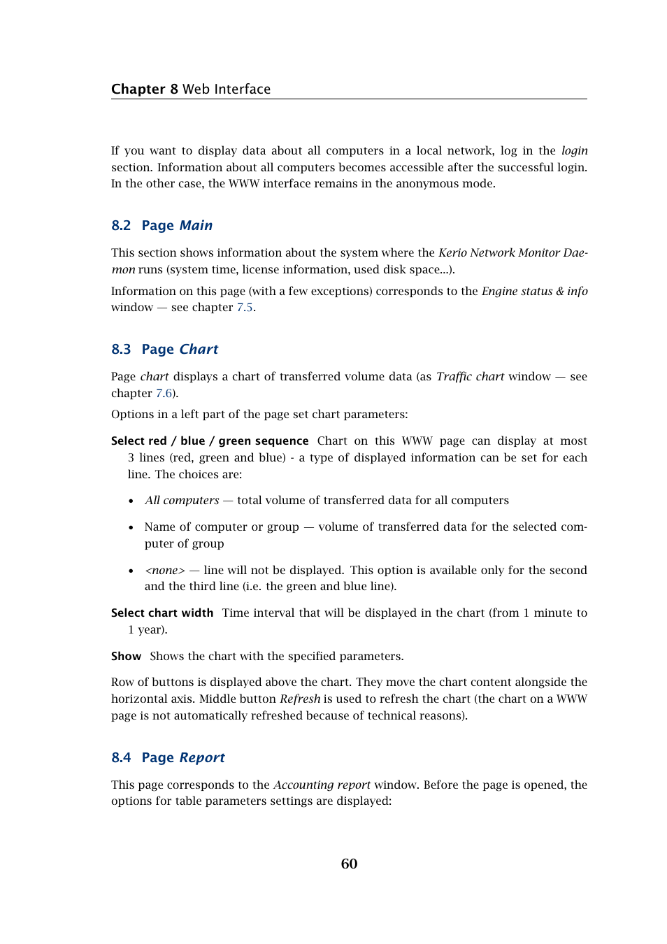 Chapter 8 web interface 60, 2 page main, 3 page chart | 4 page report | Kerio Tech Network Monitor User Manual | Page 60 / 70