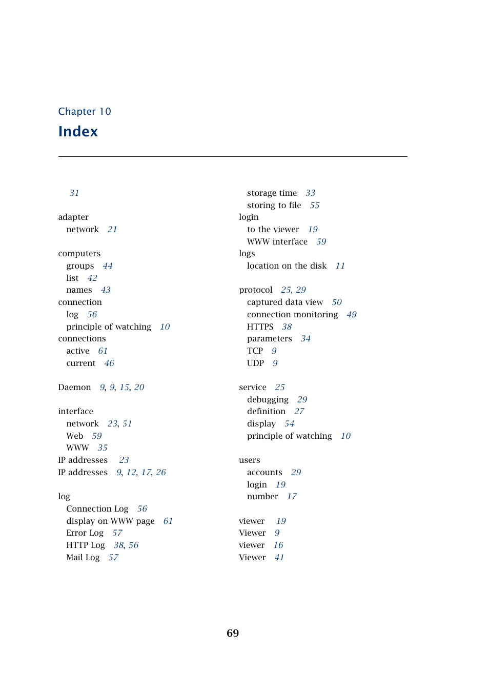 Index, 69 chapter 10 | Kerio Tech Network Monitor User Manual | Page 69 / 70