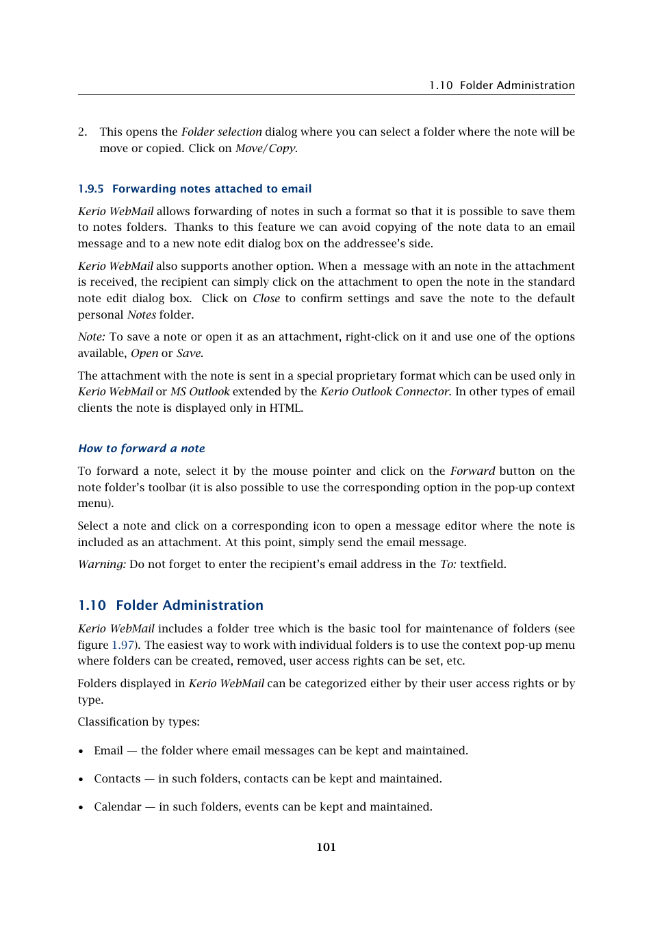 Forwarding notes attached to email, Folder administration, 10 folder administration | Kerio Tech Version 6.5.2 User Manual | Page 101 / 390