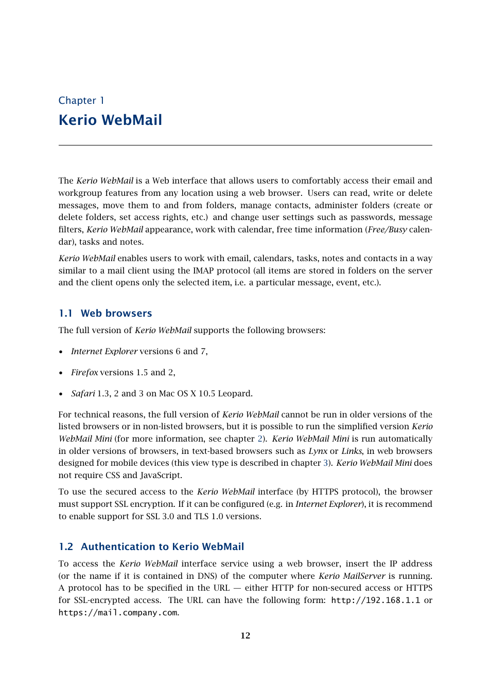 Kerio webmail, Web browsers, Authentication to kerio webmail | Kerio Tech Version 6.5.2 User Manual | Page 12 / 390