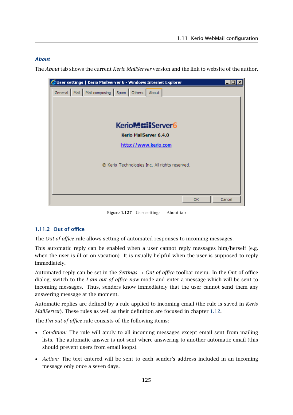 Out of office | Kerio Tech Version 6.5.2 User Manual | Page 125 / 390