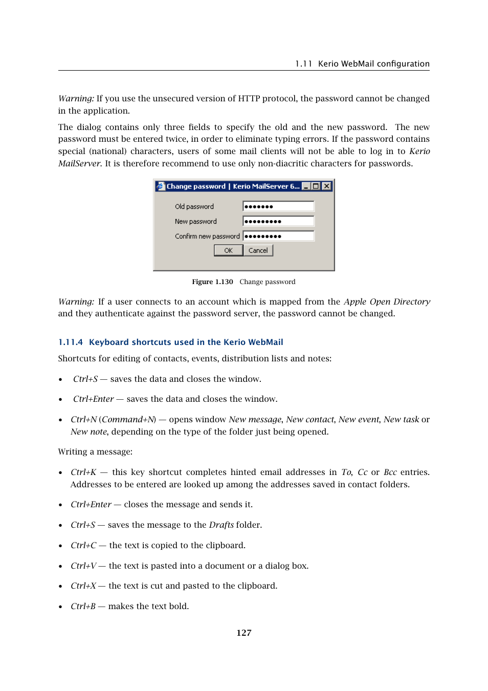 Keyboard shortcuts used in the kerio webmail | Kerio Tech Version 6.5.2 User Manual | Page 127 / 390