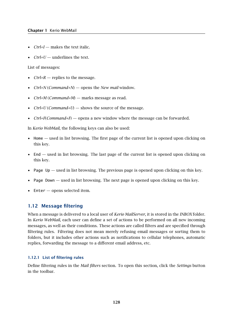 Message filtering, List of filtering rules, 12 message filtering | Kerio Tech Version 6.5.2 User Manual | Page 128 / 390