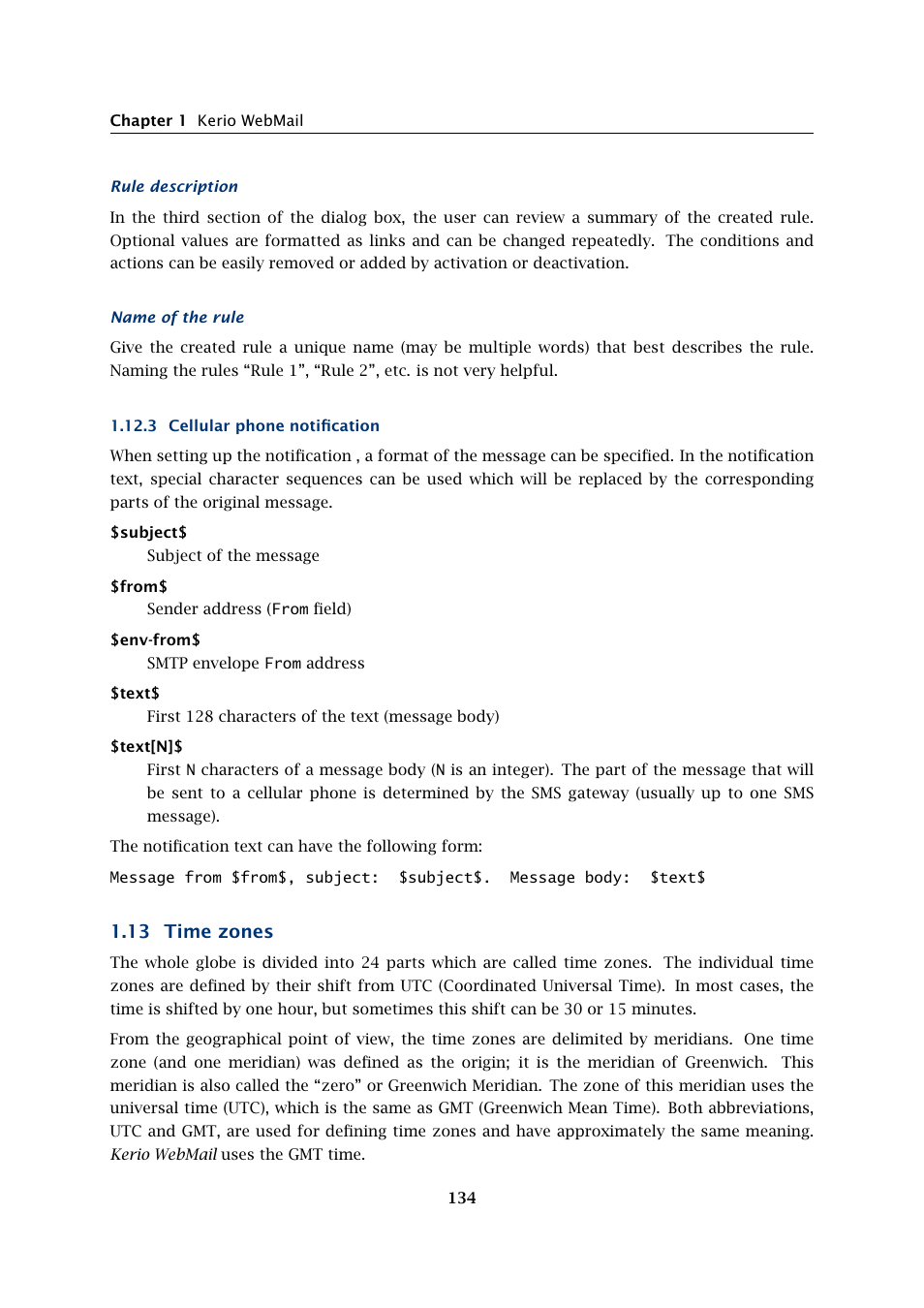 Cellular phone notification, Time zones, 13 time zones | Kerio Tech Version 6.5.2 User Manual | Page 134 / 390