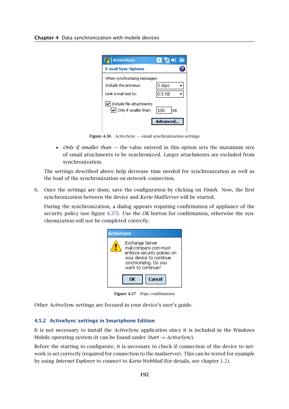 Activesync settings in smartphone edition | Kerio Tech Version 6.5.2 User Manual | Page 192 / 390