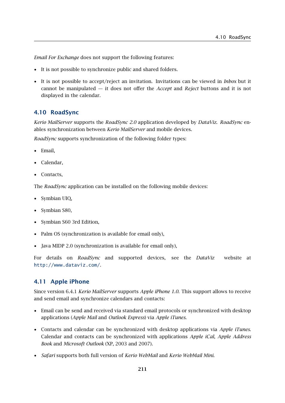 Roadsync, Apple iphone, 10 roadsync | 11 apple iphone | Kerio Tech Version 6.5.2 User Manual | Page 211 / 390