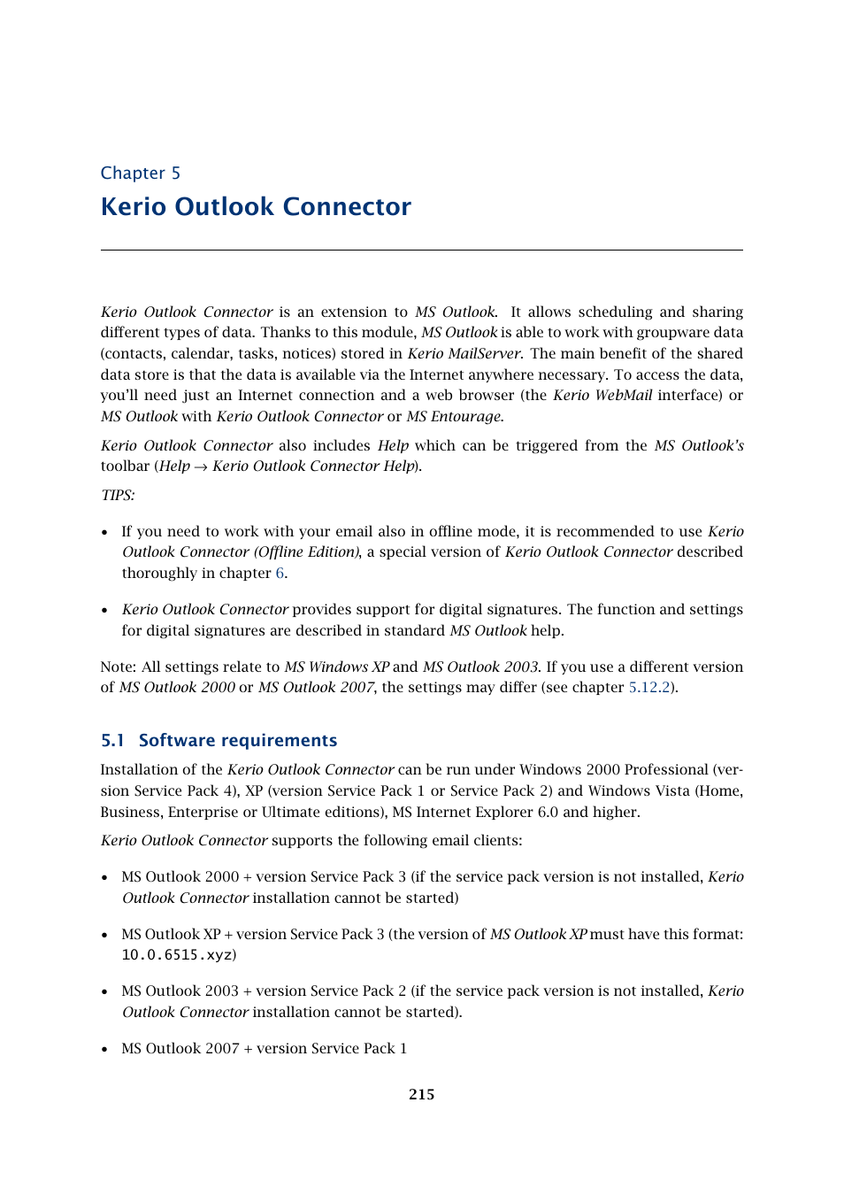 Kerio outlook connector, Software requirements, Chapter 5 | 1 software requirements | Kerio Tech Version 6.5.2 User Manual | Page 215 / 390