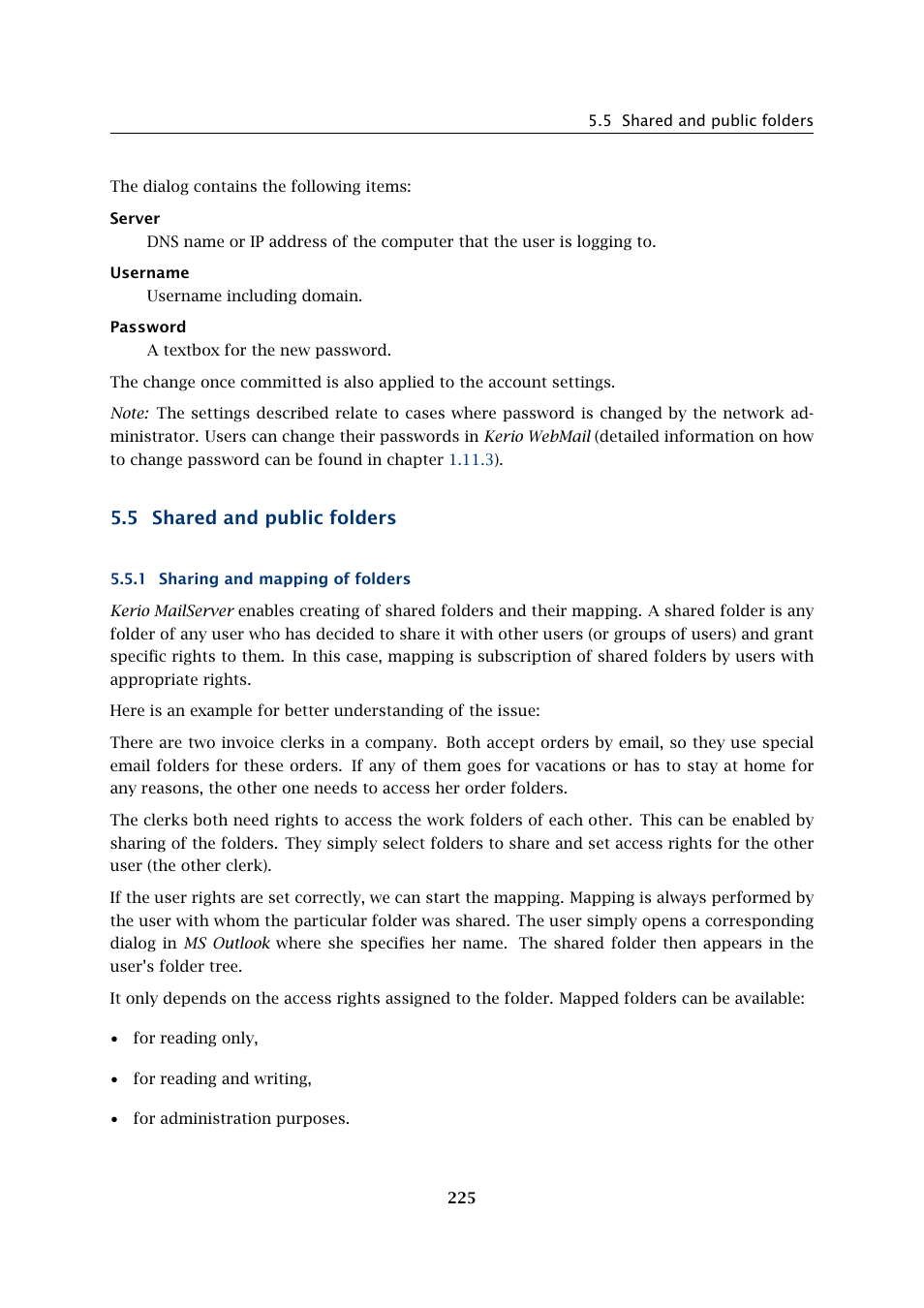 Shared and public folders, Sharing and mapping of folders, 5 shared and public folders | Kerio Tech Version 6.5.2 User Manual | Page 225 / 390