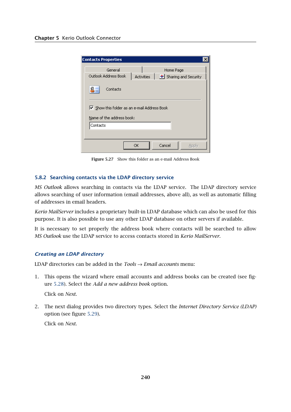 Searching contacts via the ldap directory service | Kerio Tech Version 6.5.2 User Manual | Page 240 / 390