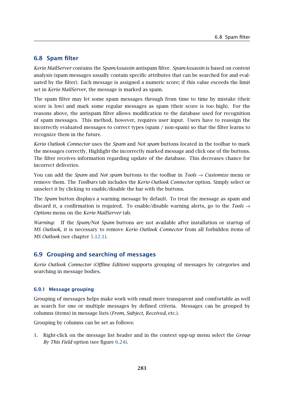 Spam filter, Grouping and searching of messages, Message grouping | 8 spam filter, 9 grouping and searching of messages | Kerio Tech Version 6.5.2 User Manual | Page 283 / 390