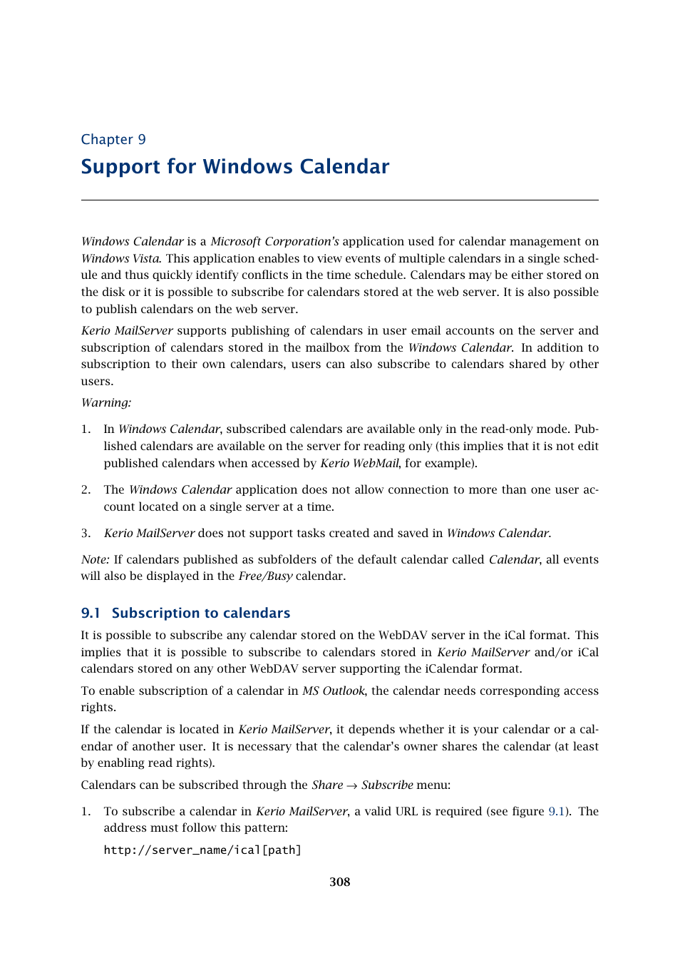 Support for windows calendar, Subscription to calendars, Chapter 9 | 1 subscription to calendars | Kerio Tech Version 6.5.2 User Manual | Page 308 / 390