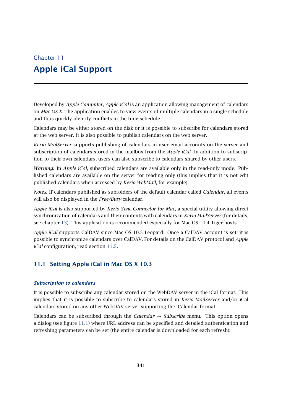 Apple ical support, Setting apple ical in mac os x 10.3 | Kerio Tech Version 6.5.2 User Manual | Page 341 / 390
