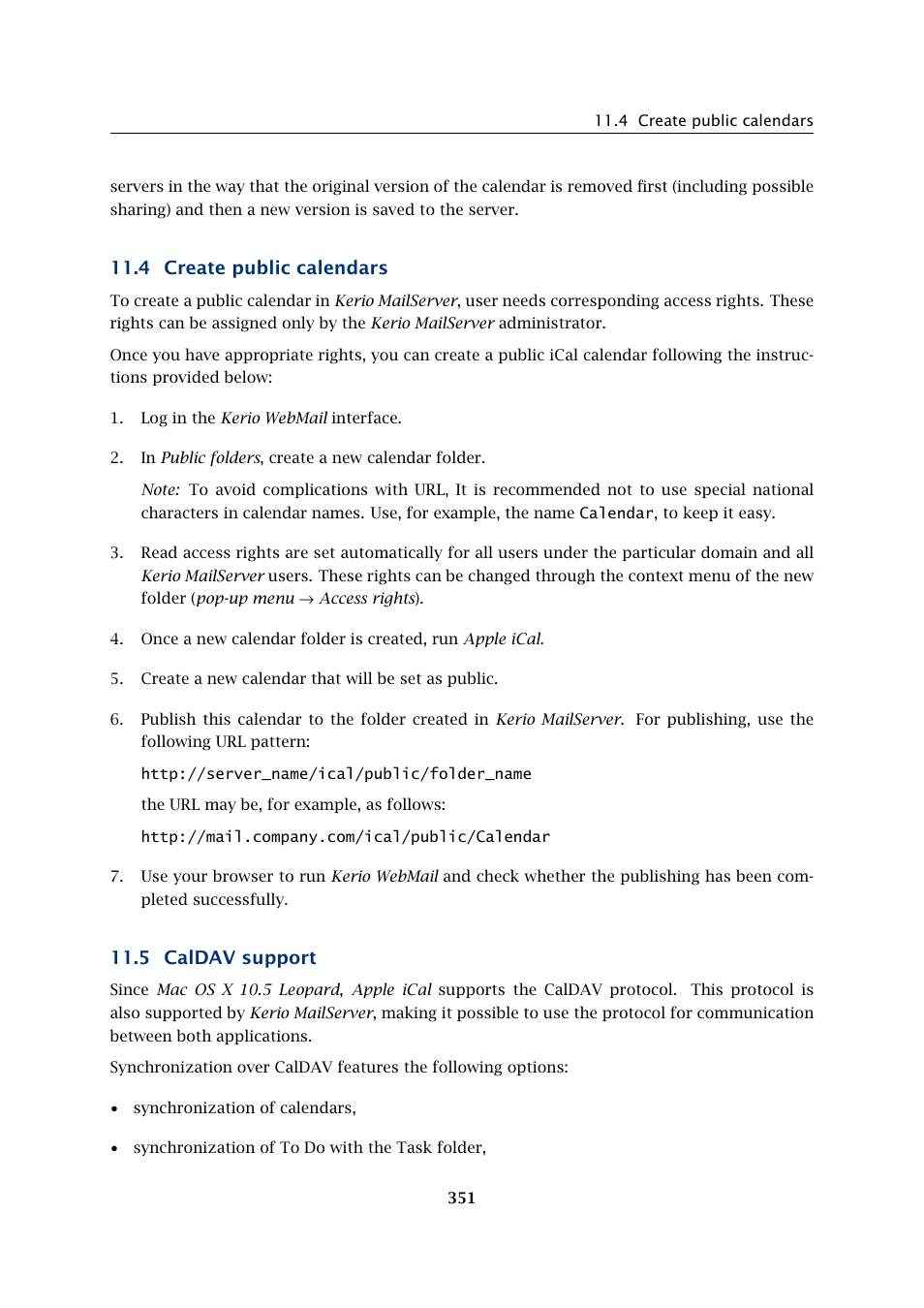 Create public calendars, Caldav support, 4 create public calendars | 5 caldav support | Kerio Tech Version 6.5.2 User Manual | Page 351 / 390