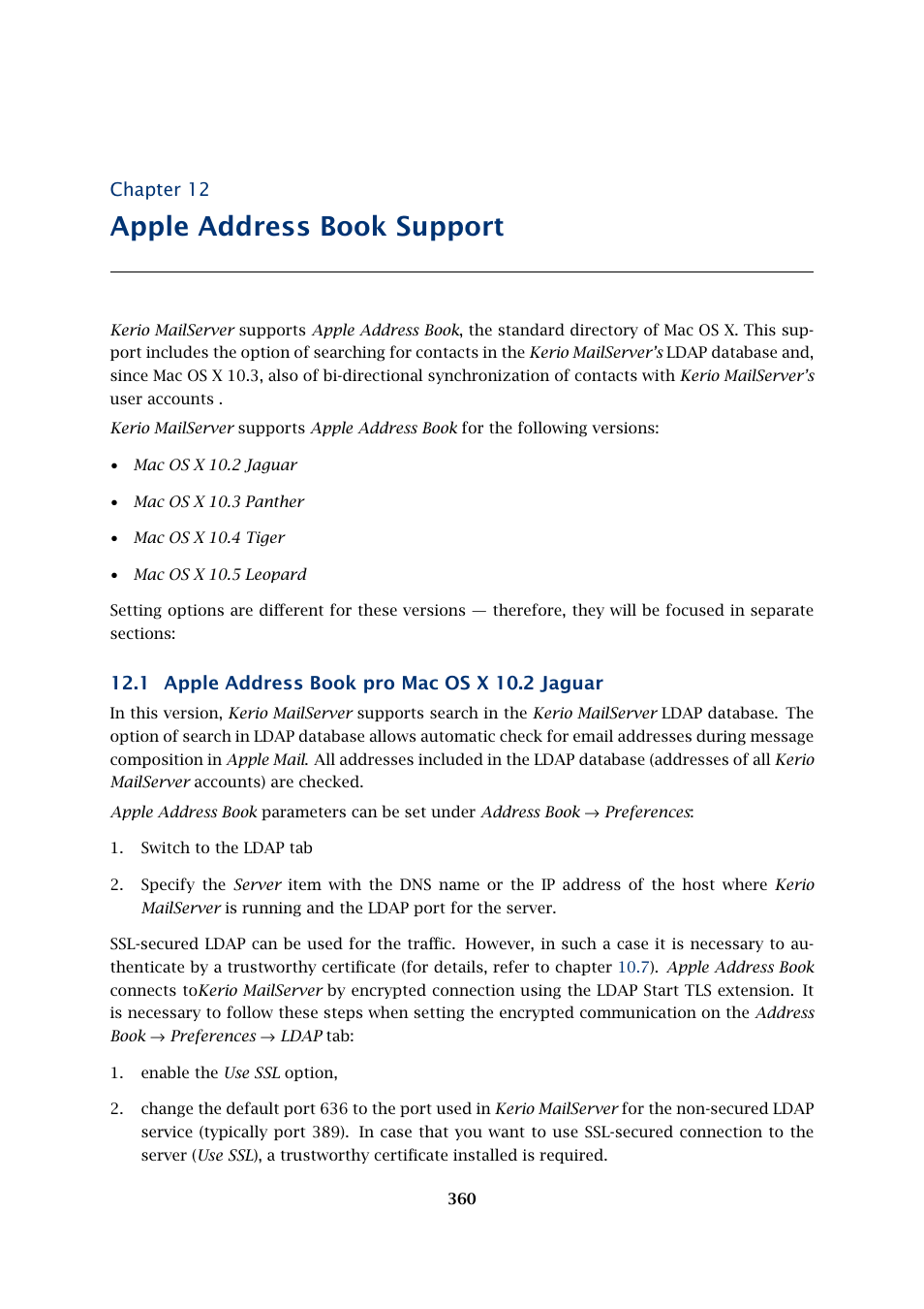 Apple address book support, Apple address book pro mac os x 10.2 jaguar, Chapter 12 | 1 apple address book pro mac os x 10.2 jaguar | Kerio Tech Version 6.5.2 User Manual | Page 360 / 390