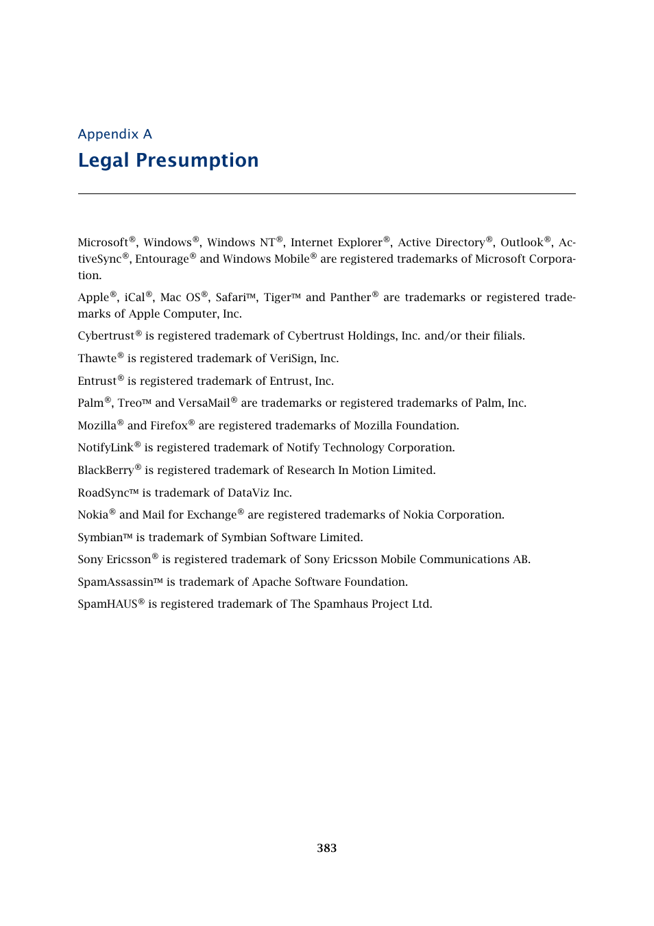 Legal presumption, Appendix a | Kerio Tech Version 6.5.2 User Manual | Page 383 / 390