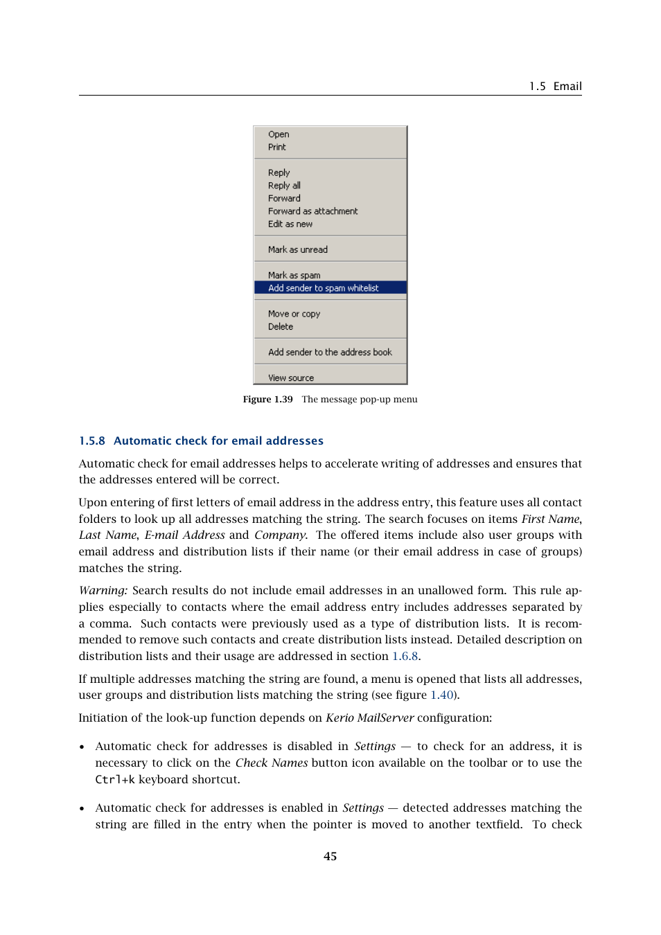 Automatic check for email addresses | Kerio Tech Version 6.5.2 User Manual | Page 45 / 390