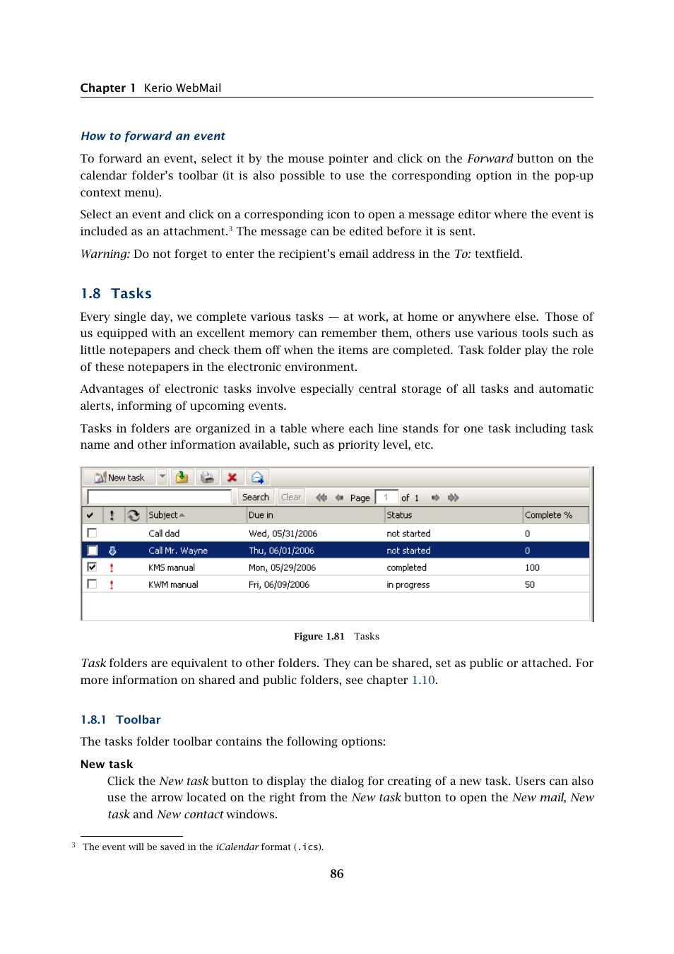 Tasks, Toolbar, 8 tasks | Kerio Tech Version 6.5.2 User Manual | Page 86 / 390