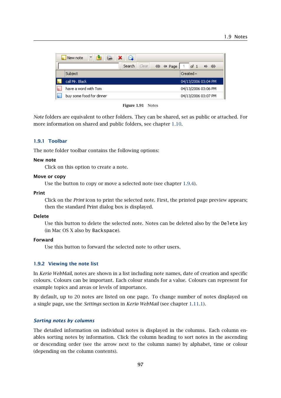 Toolbar, Viewing the note list | Kerio Tech Version 6.5.2 User Manual | Page 97 / 390