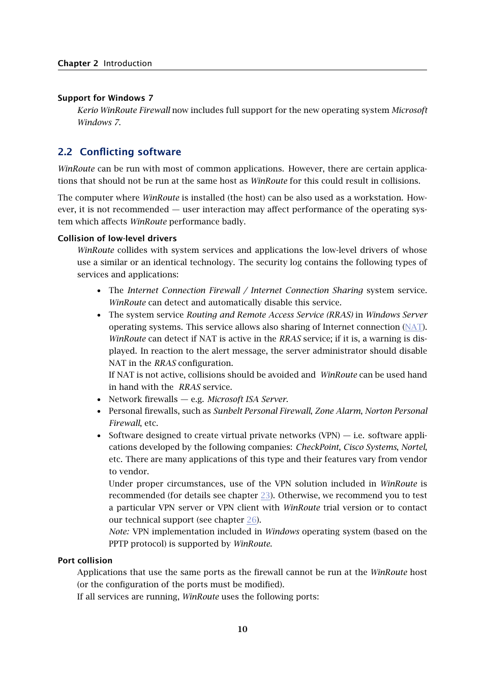Conflicting software, 2 conflicting software | Kerio Tech KERIO WINROUTE FIREWALL 6 User Manual | Page 10 / 368