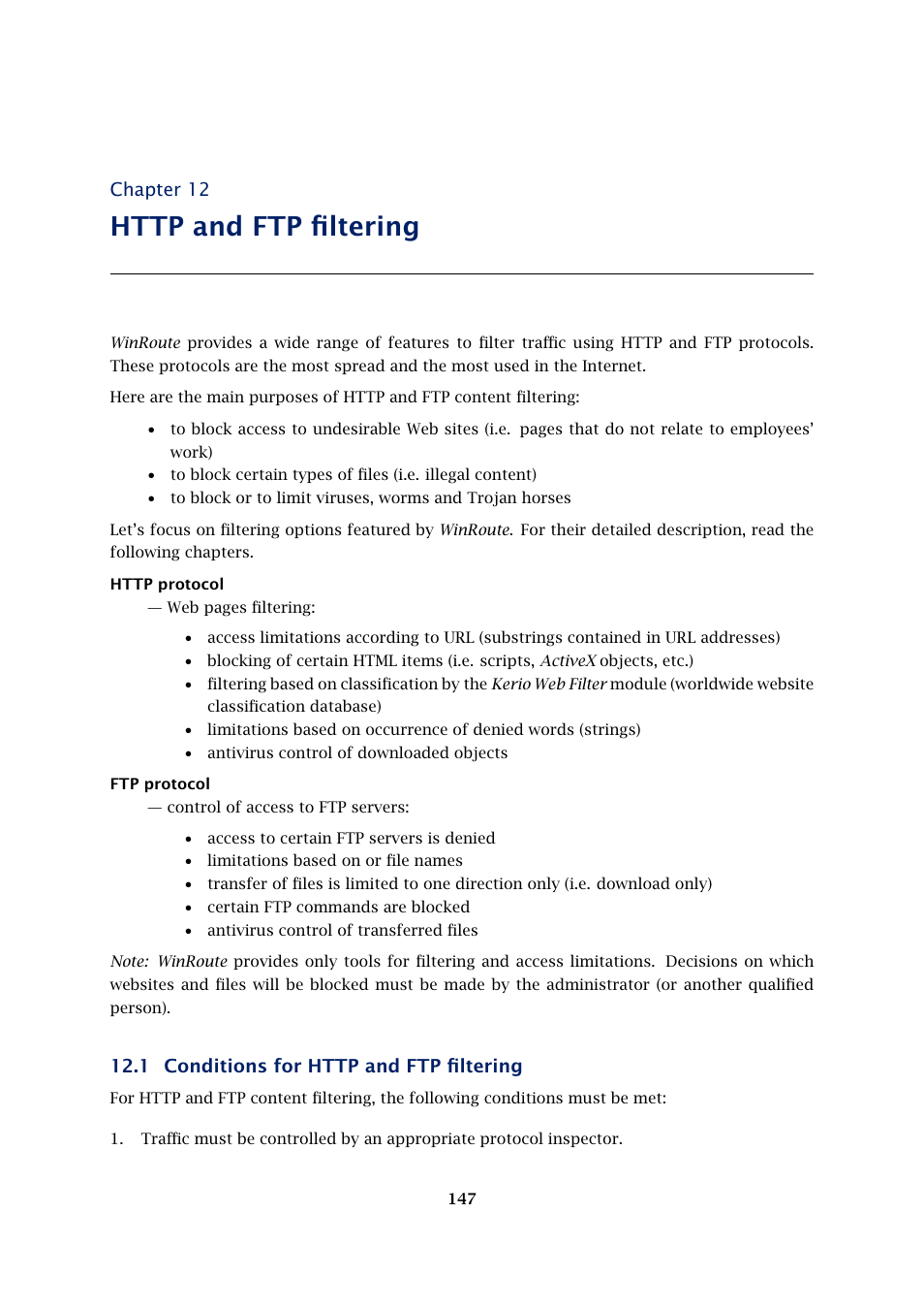Http and ftp filtering, Conditions for http and ftp filtering, Chapter 12 | Kerio Tech KERIO WINROUTE FIREWALL 6 User Manual | Page 147 / 368