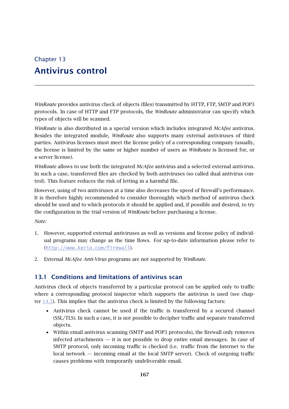 Antivirus control, Conditions and limitations of antivirus scan, Chapter 13 | 1 conditions and limitations of antivirus scan | Kerio Tech KERIO WINROUTE FIREWALL 6 User Manual | Page 167 / 368