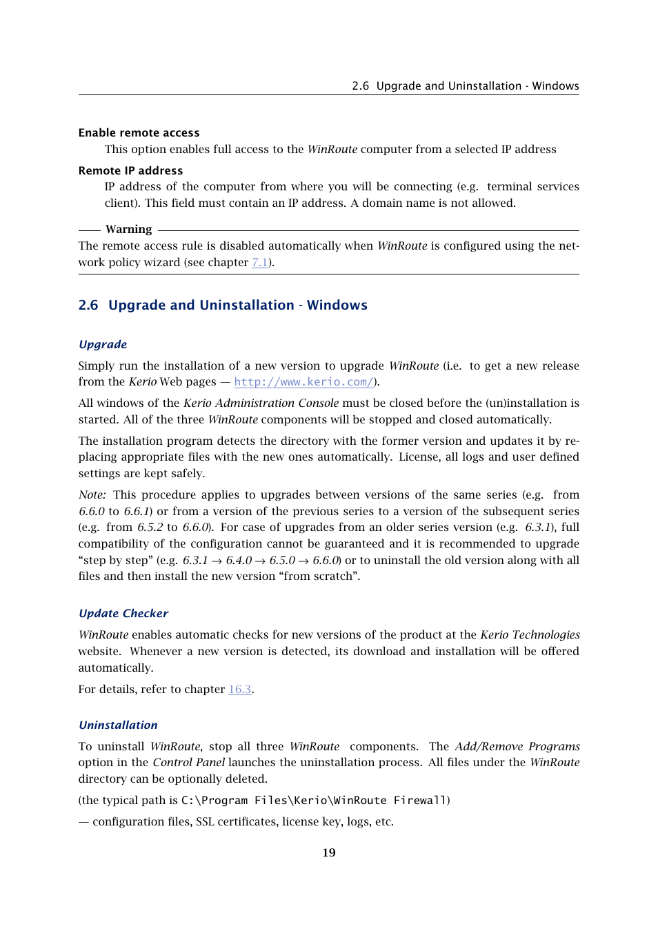 Upgrade and uninstallation - windows, 6 upgrade and uninstallation - windows | Kerio Tech KERIO WINROUTE FIREWALL 6 User Manual | Page 19 / 368