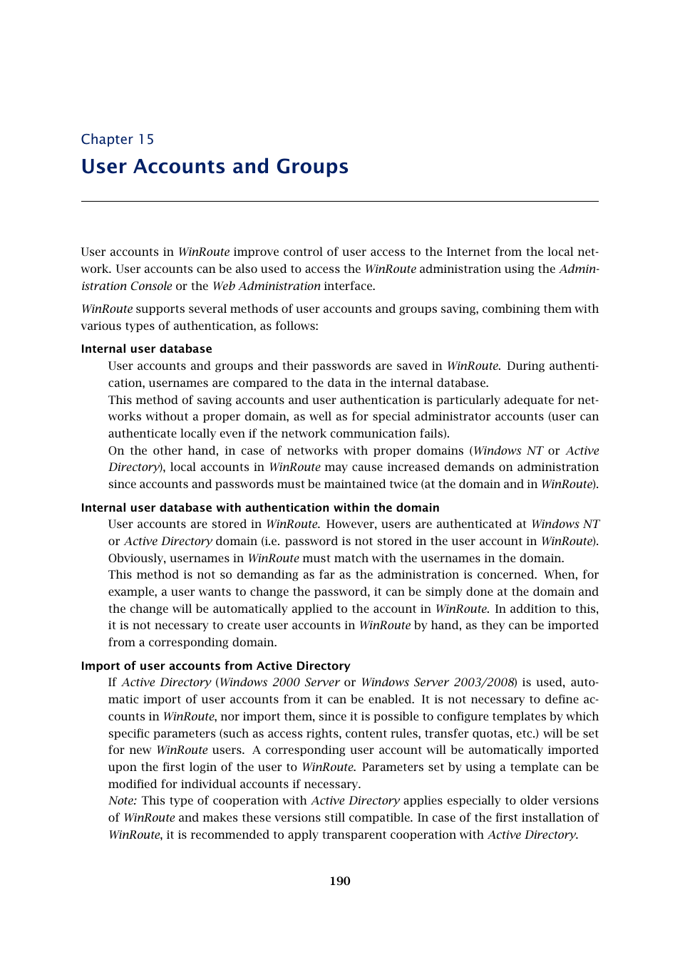 User accounts and groups, Chapter 15 | Kerio Tech KERIO WINROUTE FIREWALL 6 User Manual | Page 190 / 368