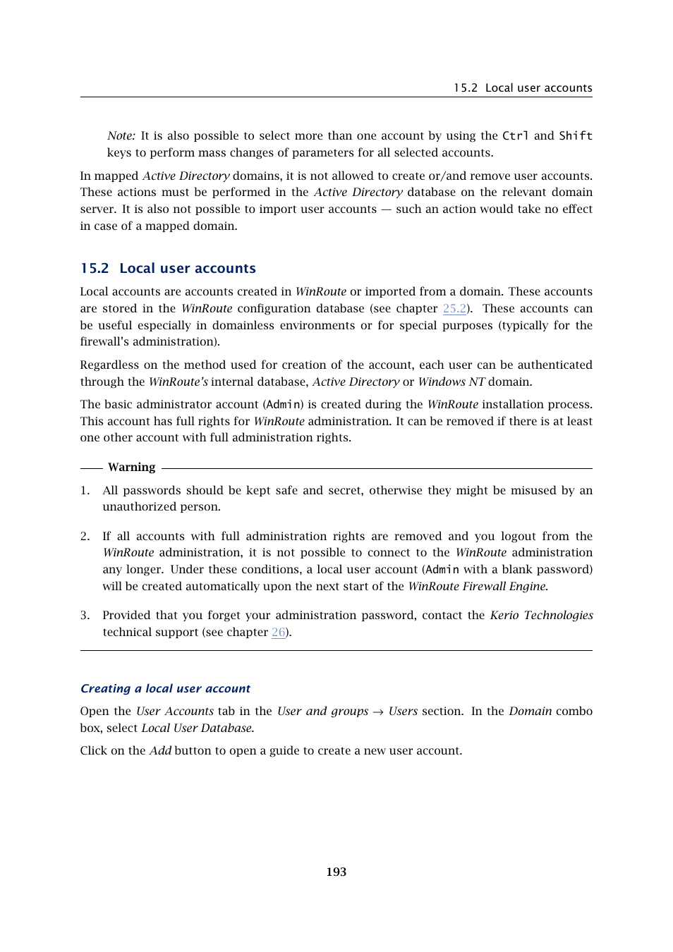 Local user accounts, 2 local user accounts | Kerio Tech KERIO WINROUTE FIREWALL 6 User Manual | Page 193 / 368