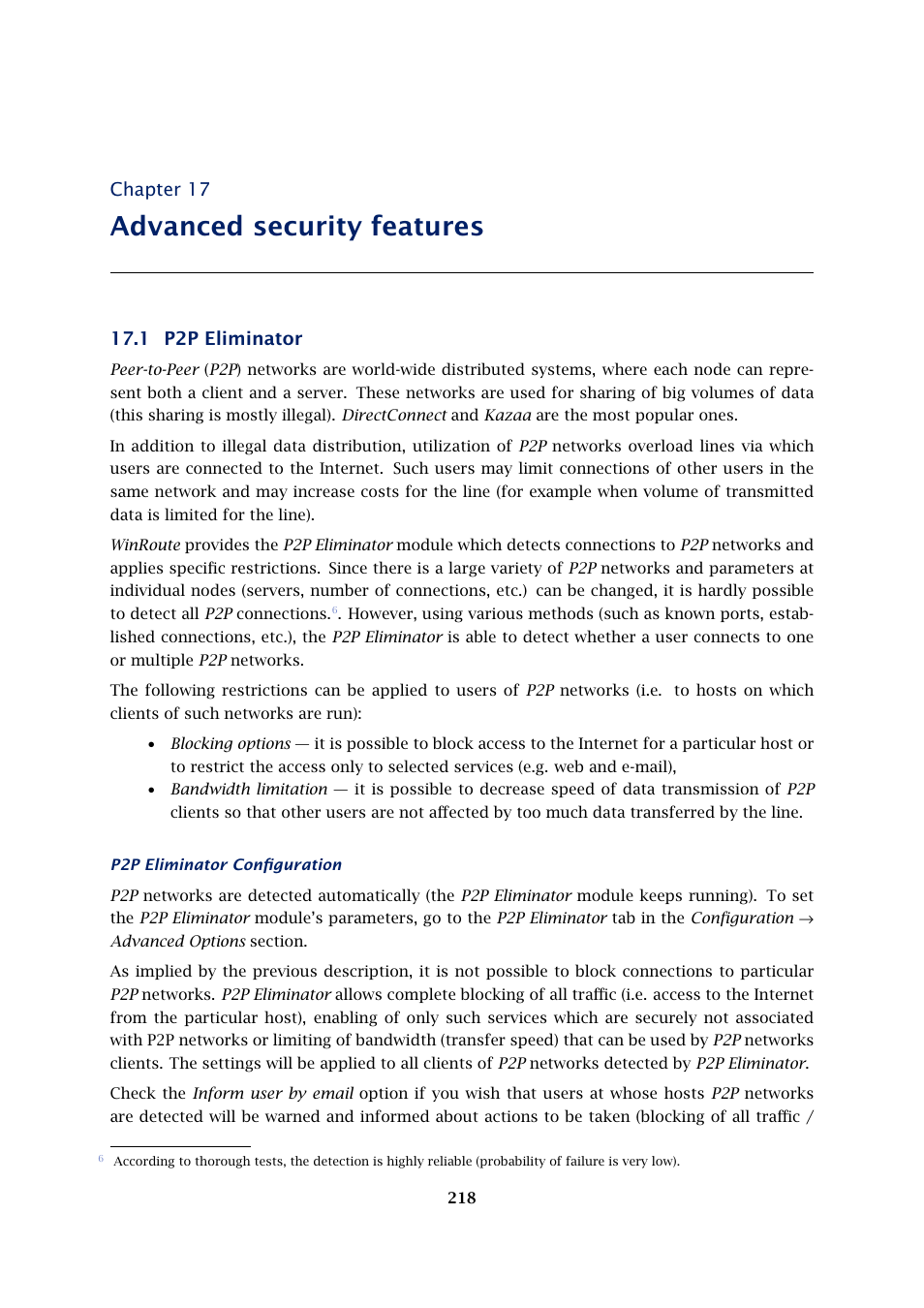 Advanced security features, P2p eliminator, Chapter 17 | 1 p2p eliminator | Kerio Tech KERIO WINROUTE FIREWALL 6 User Manual | Page 218 / 368