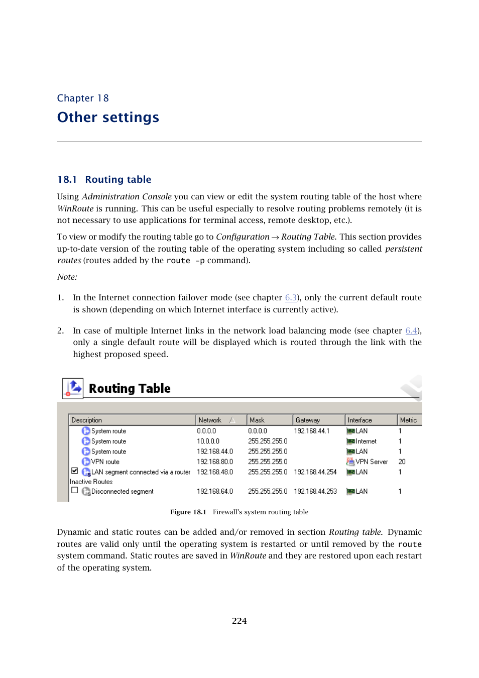 Other settings, Routing table, Chapter 18 | 1 routing table | Kerio Tech KERIO WINROUTE FIREWALL 6 User Manual | Page 224 / 368