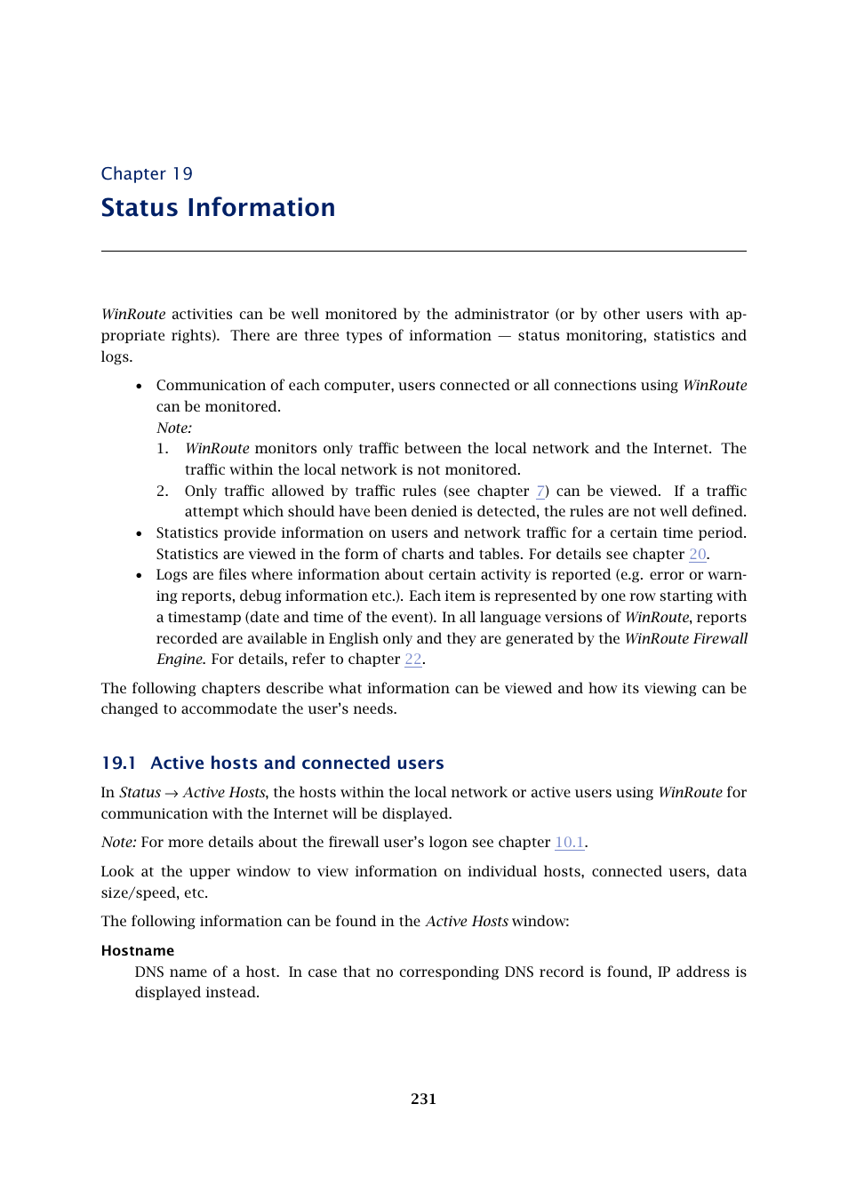 Status information, Active hosts and connected users, Chapter 19 | 1 active hosts and connected users | Kerio Tech KERIO WINROUTE FIREWALL 6 User Manual | Page 231 / 368