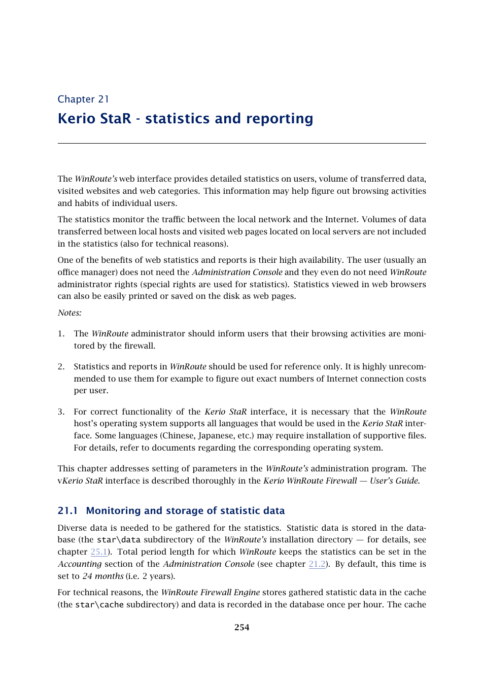 Kerio star - statistics and reporting, Monitoring and storage of statistic data, Chapter 21 | 1 monitoring and storage of statistic data | Kerio Tech KERIO WINROUTE FIREWALL 6 User Manual | Page 254 / 368
