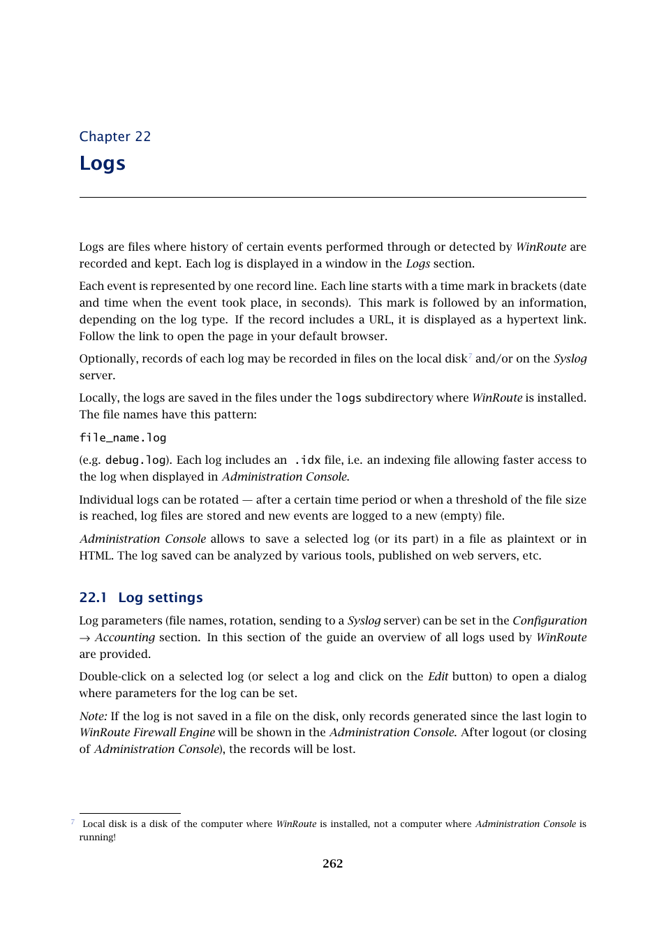 Logs, Log settings, Chapter 22 | 1 log settings | Kerio Tech KERIO WINROUTE FIREWALL 6 User Manual | Page 262 / 368