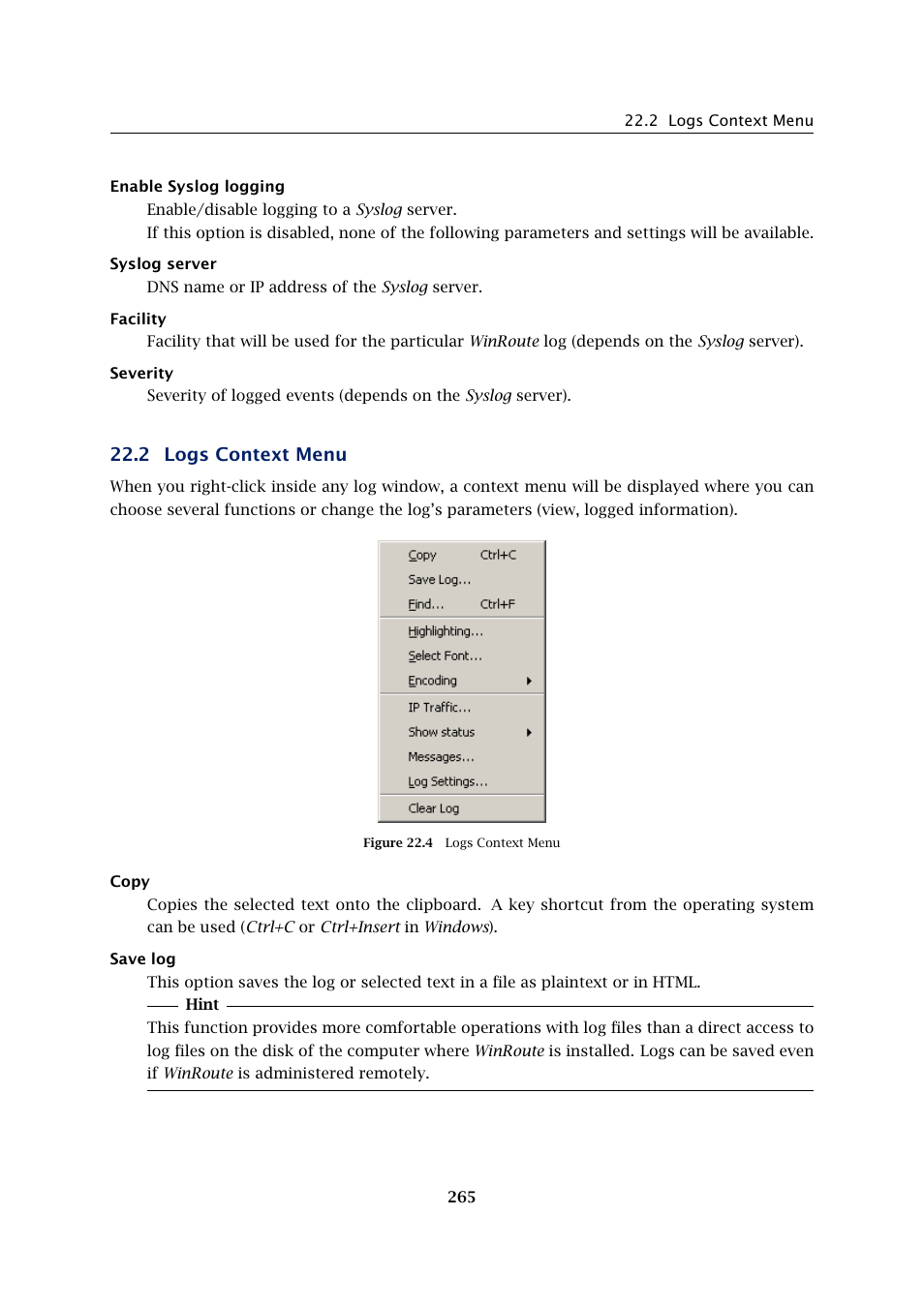 Logs context menu, 2 logs context menu | Kerio Tech KERIO WINROUTE FIREWALL 6 User Manual | Page 265 / 368