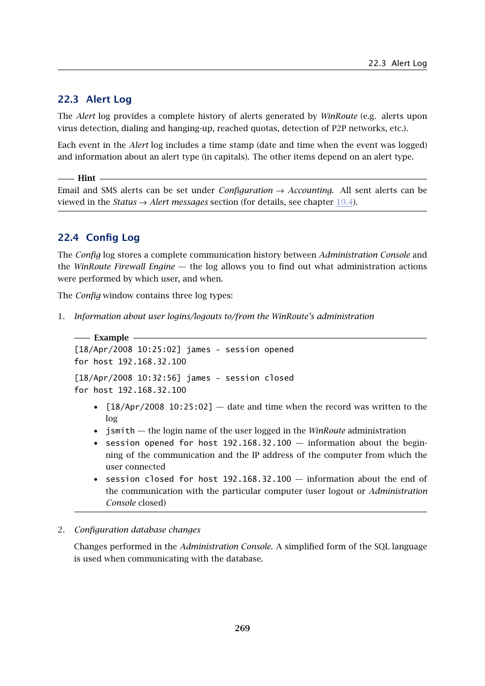 Alert log, Config log, 3 alert log | 4 config log | Kerio Tech KERIO WINROUTE FIREWALL 6 User Manual | Page 269 / 368