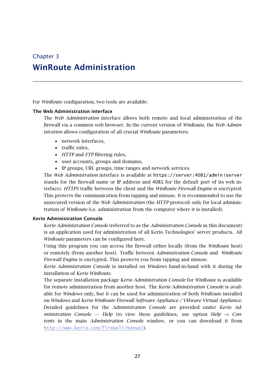 Winroute administration, Chapter 3 | Kerio Tech KERIO WINROUTE FIREWALL 6 User Manual | Page 27 / 368