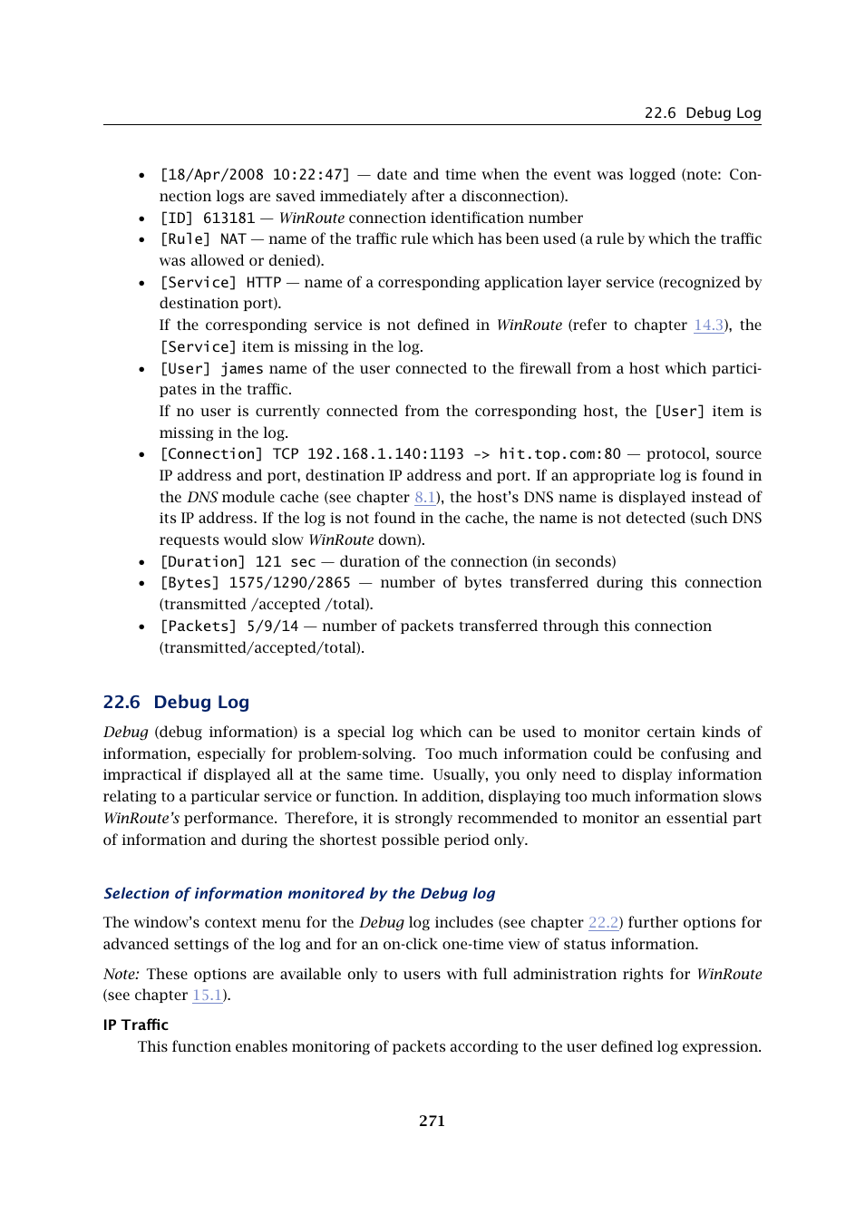 Debug log, 6 debug log | Kerio Tech KERIO WINROUTE FIREWALL 6 User Manual | Page 271 / 368