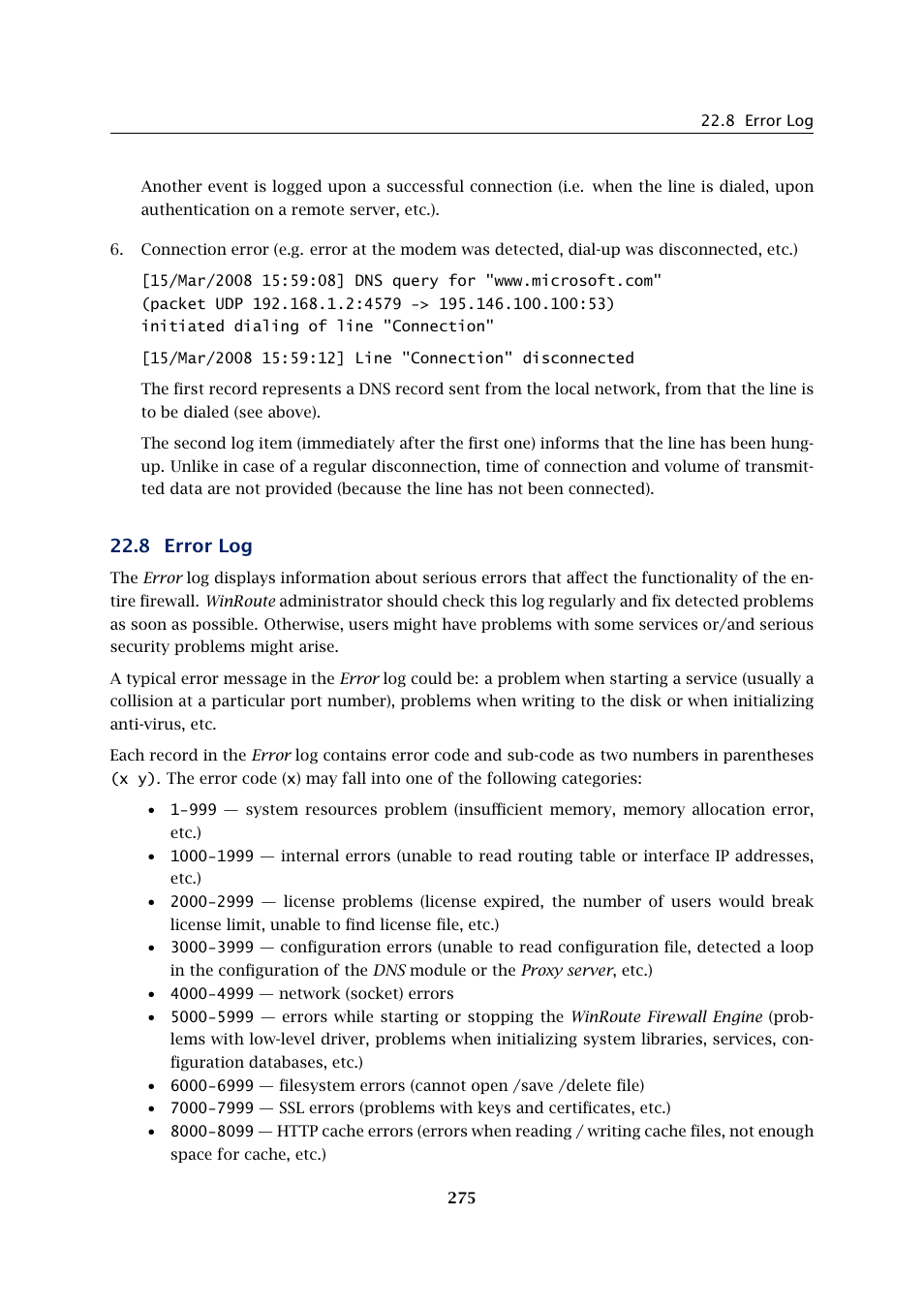 Error log, 8 error log | Kerio Tech KERIO WINROUTE FIREWALL 6 User Manual | Page 275 / 368