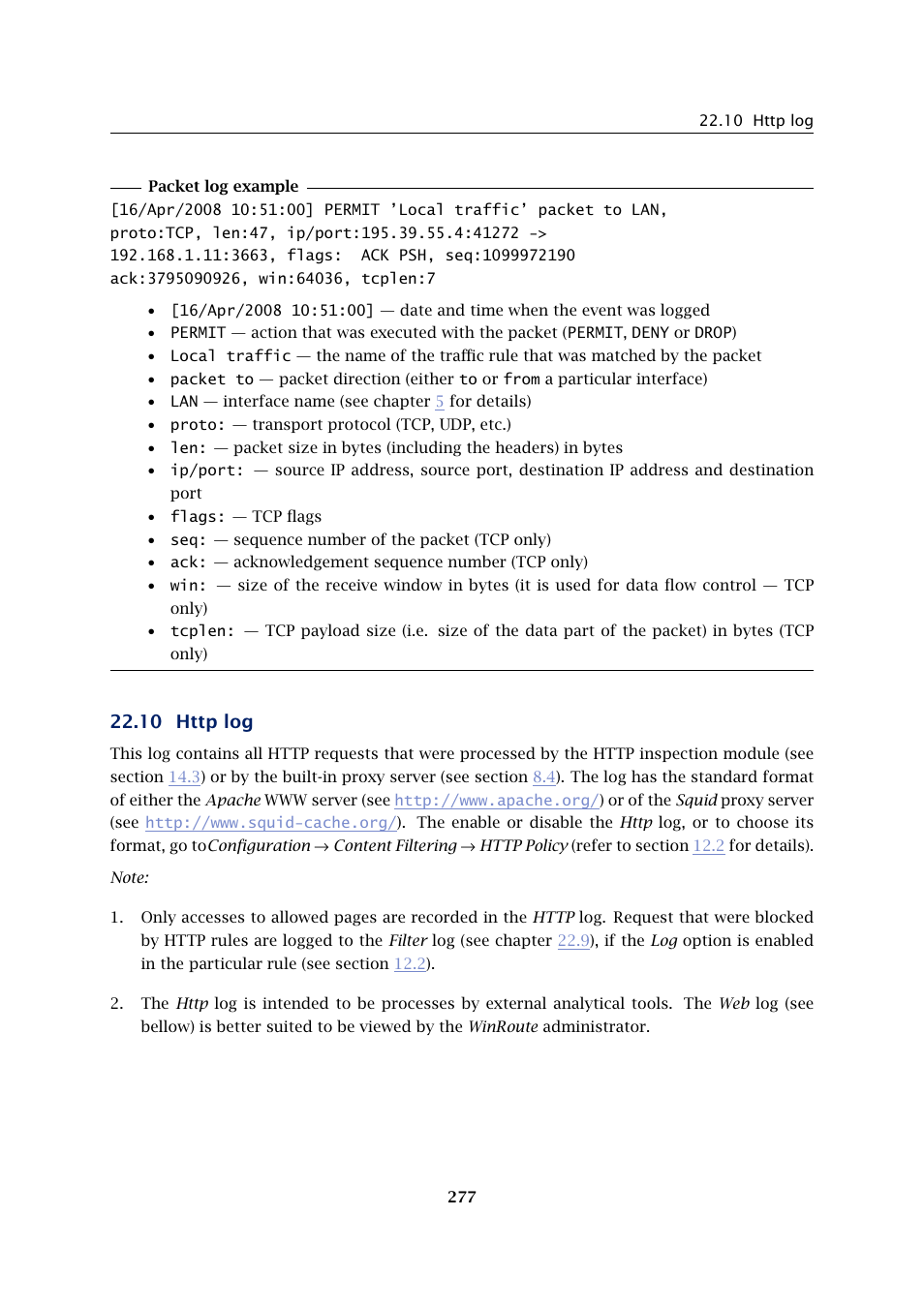 Http log, 10 http log | Kerio Tech KERIO WINROUTE FIREWALL 6 User Manual | Page 277 / 368