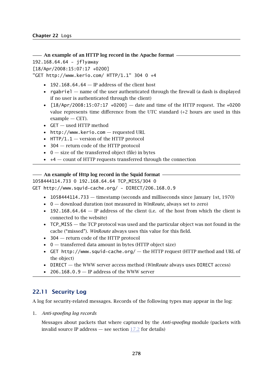 Security log, 11 security log | Kerio Tech KERIO WINROUTE FIREWALL 6 User Manual | Page 278 / 368
