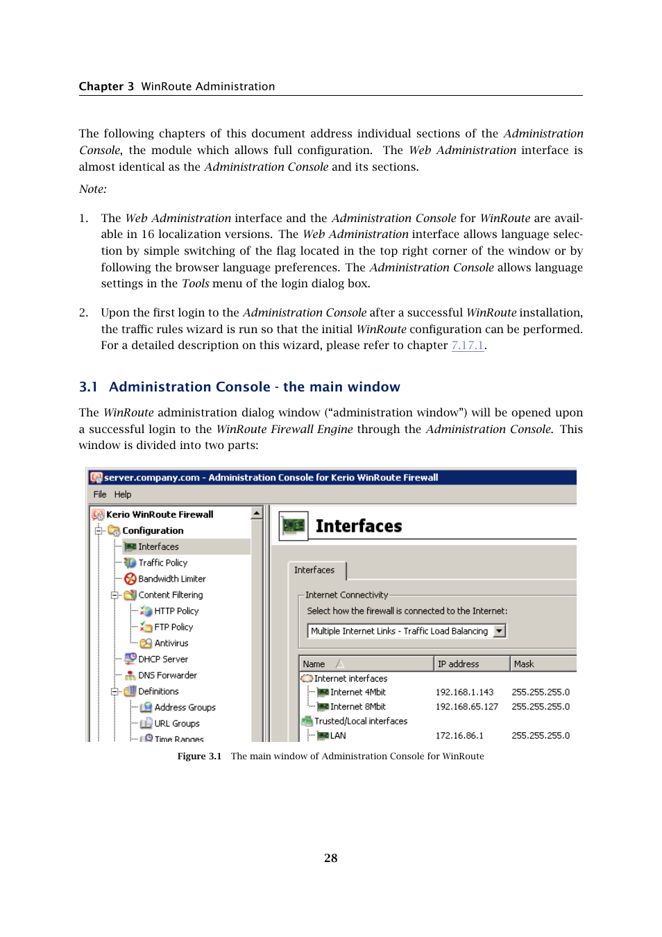 Administration console - the main window, 1 administration console - the main window | Kerio Tech KERIO WINROUTE FIREWALL 6 User Manual | Page 28 / 368