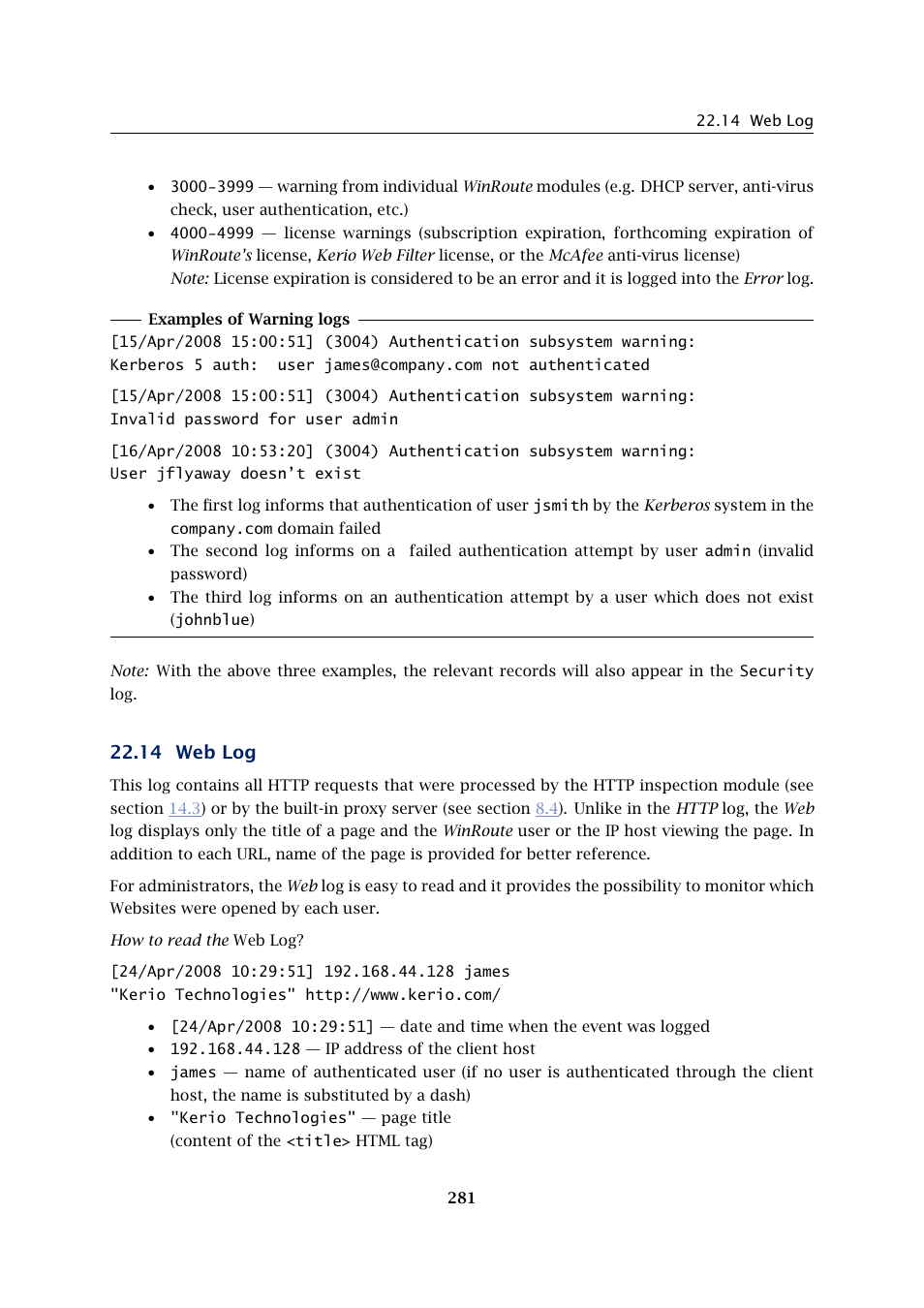 Web log, 14 web log | Kerio Tech KERIO WINROUTE FIREWALL 6 User Manual | Page 281 / 368