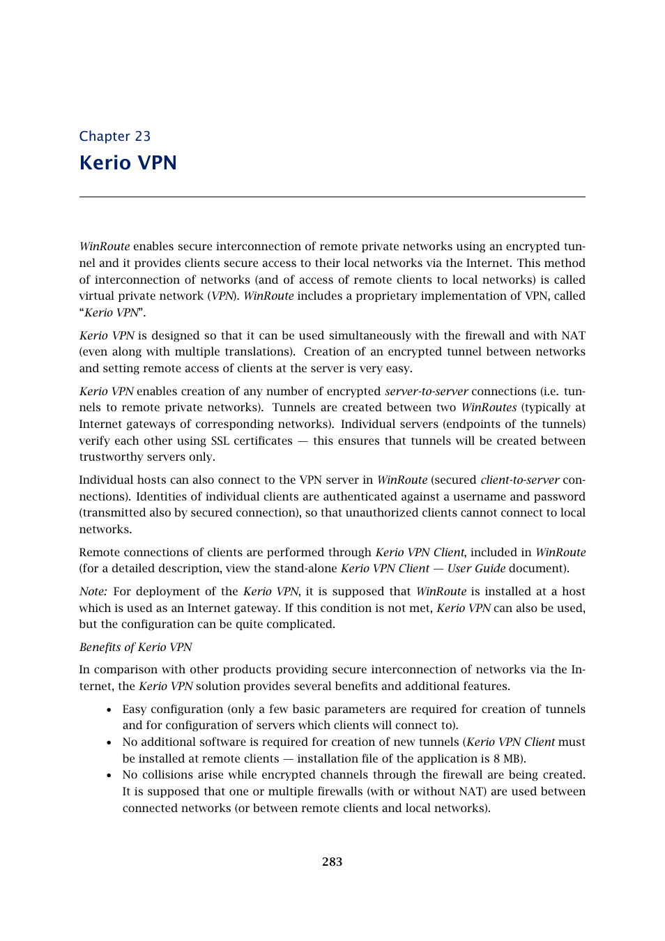 Kerio vpn, Chapter 23 | Kerio Tech KERIO WINROUTE FIREWALL 6 User Manual | Page 283 / 368